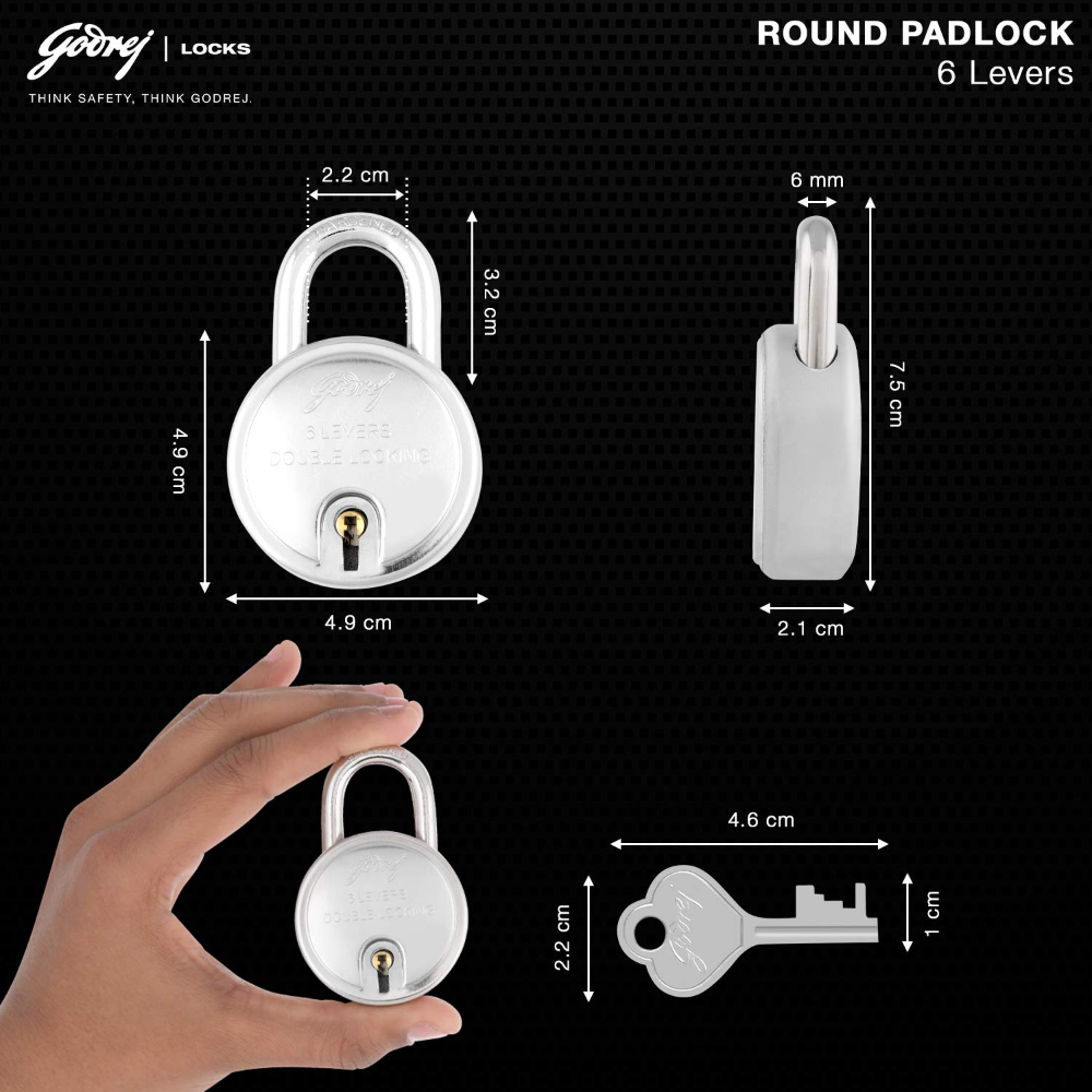 Godrej Locks I Round Padlock 50mm I 3 Keys I Padlock for Main Door I Gate Lock I Lock for Tool Box and Offices I Silver Finish I 8148